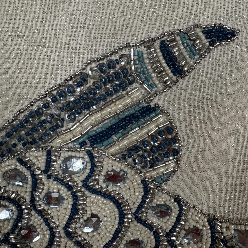 Pier One Beaded Fish Pillow Sham Square 14x14 Blue Cream‎ Sparkly Sequin Beach